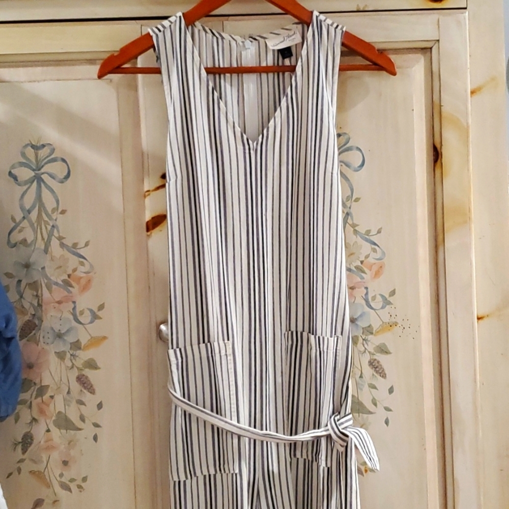 Jumpsuit xs stripe pockets tie white grey black cotton